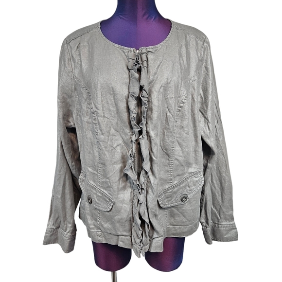 Lane Bryant Metallic Gray Ruffle‎ Full Zip Denim Jean Jacket Size 18 Women's N96 - Picture 1 of 8